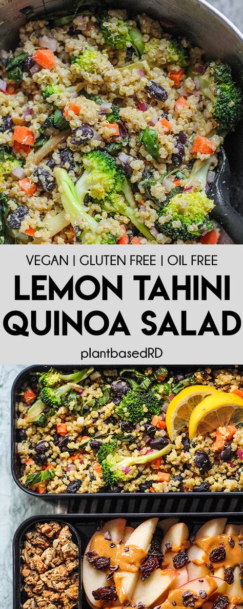 This lemon tahini quinoa salad is the perfect lunch you can meal prep for the week. Uses simple ingredients and is loaded with plant protein and veggies. | quick and easy | summer recipes | plant based | quinoa salad | vegan salad #plantprotein #highprotein #quinoasalad #summerrecipes #vegansalad Quinoa Salad Vegan, Vegan Oil Free, Vegan Summer Recipes, Plant Based Lunch, Lemon Tahini Dressing, Plant Based Diet Recipes, Salad Vegan, Vegan Lunch Recipes, Vegan Salad Recipes