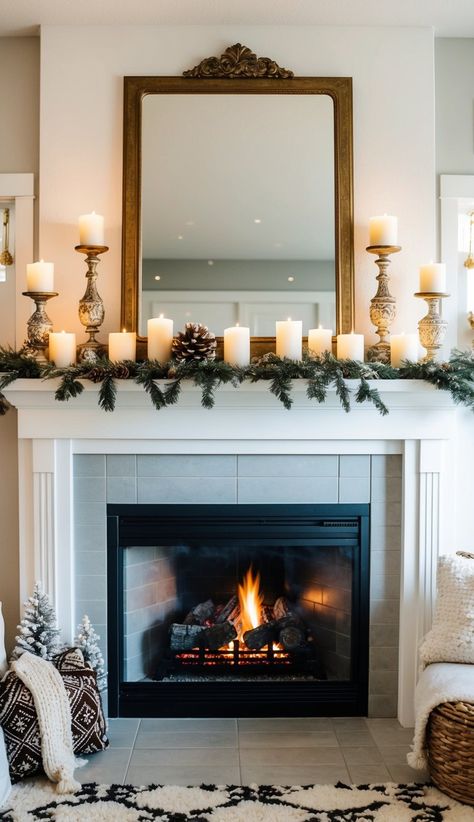 I love using ornate candle holders to add elegance to my winter mantel. These decorative pieces catch the eye and create a cozy atmosphere. Fireplace Mantle Styling, Winter Mantel Decor, Mantle Styling, Winter Mantels, Mantel Decor Ideas, Fireplace Mantle Decor, Diy Winter, By The Fireplace, Mantel Decor