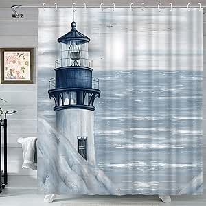 Lighthouse Bathroom Decor, Lighthouse Bathroom, Nautical Shower Curtain, Unique Bathroom Decor, Glamour Home, Ocean Sunrise, Waffle Weave Shower Curtain, Nautical Bathrooms, Coastal Bathrooms