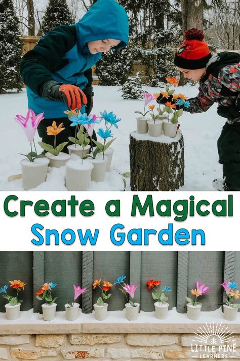 The next time your a looking for a fun and easy outdoor winter activity for your kids, try making a magical snow garden! It's so easy to set up and kids of all ages will love making different floral arrangements in the snow. The flowers look so beautiful against the white snow and make a really fun and colorful outdoor decoration! Ece Outdoor Activities, Outdoor Play Winter, Winter Activities Preschool Outdoor, Winter Playground Ideas, Winter Outdoor Classroom Ideas, Snow Activities For Preschool Outdoor, Outside Snow Activities For Kids, Snow Day Toddler Activities, Outdoor Winter Activities For Toddlers