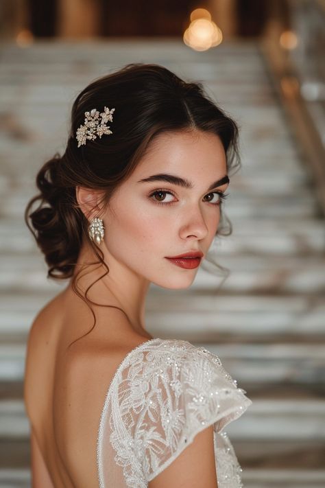 80+ Gorgeous Wedding Hairstyles for Your Dream Day Wedding Hairstyles Middle Length, Wedding Day Makeup Red Lips, Old Hollywood Bridal Makeup, French Bridal Makeup, Bride Brown Hair, Bride Portrait Photography, Κούρεμα Bob, Bridal Portrait Ideas, Gorgeous Wedding Makeup