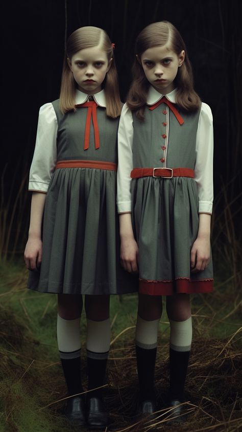 In this generated picture of vintage dark fantasy art, two creepy young girls stand in neat grey dresses with red elements in the dark forest. Image in dark colors with mystical atmosphere. Weird Creepy Art, Girl's World, Fantasy Vintage, Weird Creepy, Maiden Mother Crone, Creepy Dark, Beautiful Digital Art, Creepy Kids, Vintage Children Photos