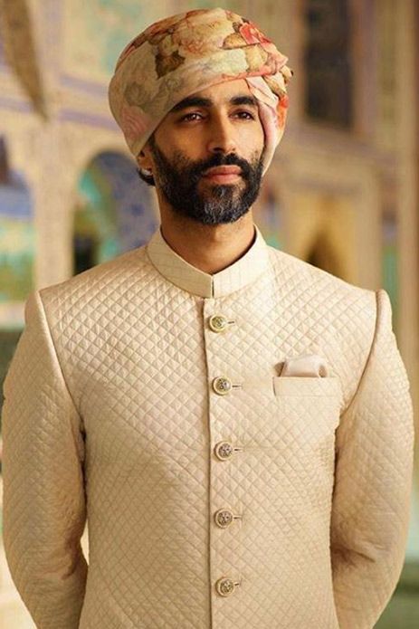 Groom's outfit for intimate wedding Nikkah Sherwani, Nawabi Style Men, Wedding Suits Men Indian, Rajputana Dress, Men Ethnic Wear India, Indian Menswear, Turban Fashion, Mens Indian Wear, Sabyasachi Mukherjee