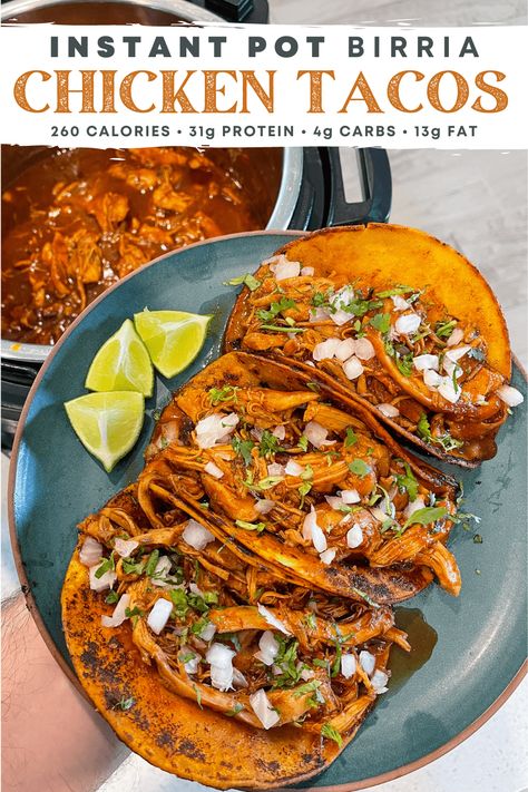 Instant Pot Chicken Birria Tacos, Birria Pressure Cooker Recipes, Birria Tacos Recipe Chicken, Healthy Birria Tacos, Birra Chicken Tacos Easy, Crock Pot Chicken Birria Tacos, Birria Chicken Tacos Recipe Crockpot, Low Calorie Birria Tacos, Crockpot Chicken Birria Tacos