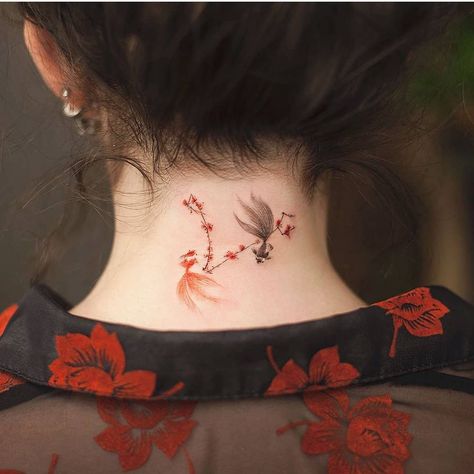 Tattoos Cherry Blossom, Neck Tattoo Design, Pisces Constellation Tattoo, 2024 Tattoo, Sakura Tattoo, Small Quote Tattoos, Gemini Tattoo, Neck Tattoos, Blossom Tattoo