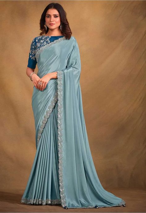 Embroidered Border Satin Georgette Saree in Light Blue Blouse Design For Saree, Exotic Outfits, Dress Saree, Fancy Fabric, Indian Sarees Online, Fancy Blouse, Elegant Attire, Satin Saree, Designer Sarees Online