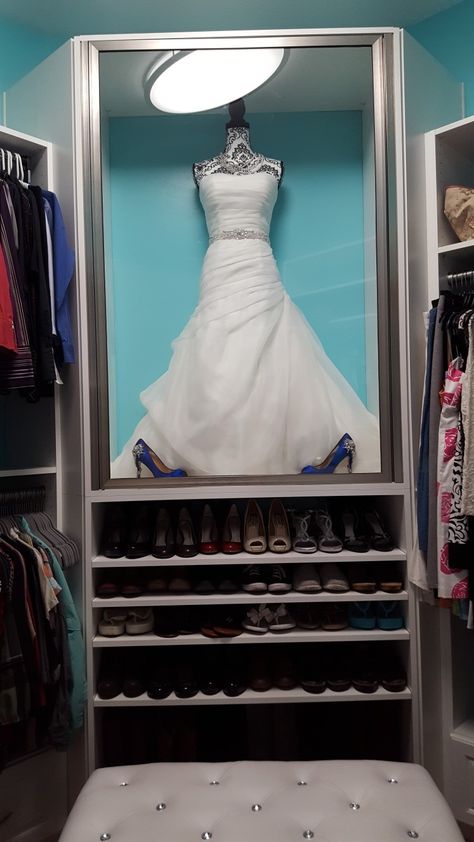 My wedding dress display case in master closet Wedding Dress Shadow Box, Wedding Dress Frame, Wedding Dress Display, Wedding Dress Storage, Bridal Closet, Wedding Dress Preservation, Wedding Shadow Box, Dream Closet Design, My Wedding Dress