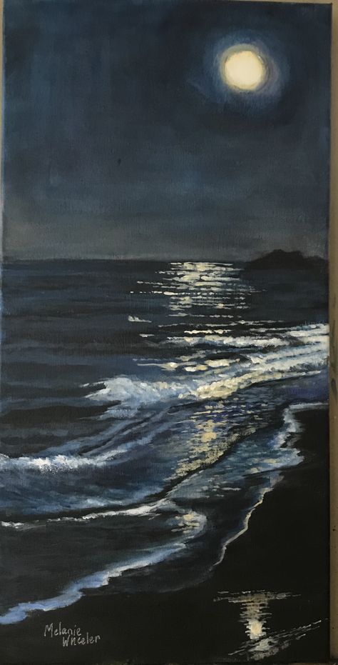 I used acrylic in a 10x20 format for this work. Surroundings Art, Beach At Night, Small Canvas Art, Ocean Painting, Ap Art, Night Painting, Sky Art, Beginner Painting, Dark Skies