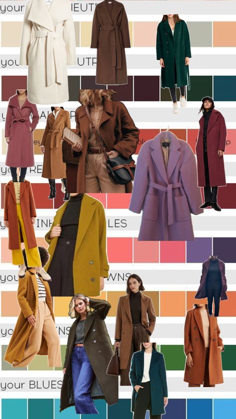 Long, structured lines with subtle waist emphasis. Structured fabrics with a softer look. Large lapels.  A tie at the waist helps. Warm, muted tones leaning dark. Autumn Coats, Autumn Coat, True Autumn, Soft Dramatic, Dark Autumn, Fall Color Palette, Fall Coat, Muted Tones, Emphasis