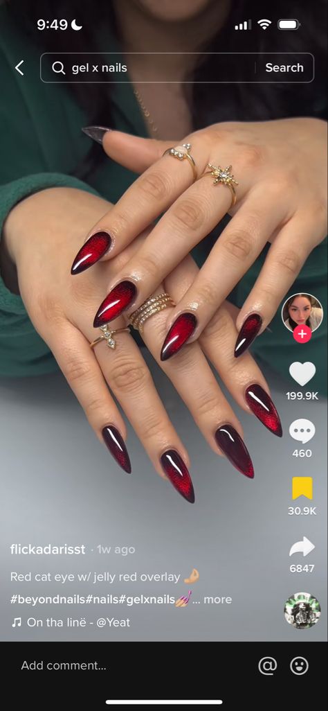 Spicy Nails Acrylic, Dark Red Witchy Nails, Ruby Nails Design, Red Witch Nails, Black And Red Aura Nails, Vampire Nails Aesthetic, Goth Almond Nails, Romantic Goth Nails, Red Cat Eye Nails Design