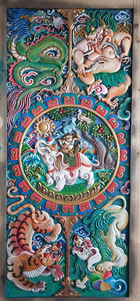 Tibetan Ornamental Design, Tibetan Wallpaper, Buddhist Design, Chinese Dog, Ornamental Design, Ancient Chinese Art, Panda Art, Tibetan Art, Wood Carving Art