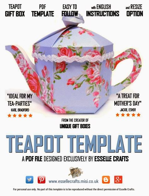 Teapot Treats Gift Box - PDF Template. Teapot Template, Paper Teapot, Ruler Crafts, Diy Tea Party, Paper Tea Cups, 3d Templates, Box Templates, Tea Diy, Gift Box Template