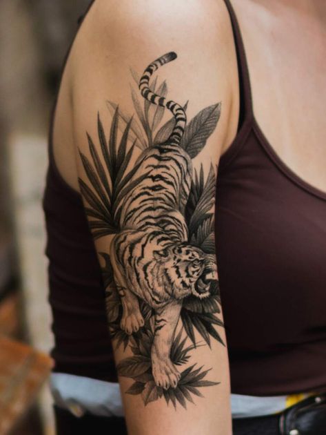 Tiger In Grass Tattoo, Tiger And Leaves Tattoo, Tiger With Leaves Tattoo, Rainforest Tattoo Ideas, Rainforest Tattoo, Tiger Forearm Tattoo, Jungle Tattoo, Cute Tattoo Ideas, Tiger Tattoo Sleeve