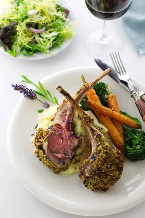 This Lavender Pistachio Crusted Rack of Lamb is a special treat that calls for a special event dinner. It is a perfect choice for a holiday dinnersor a small, intimate gathering. #lambdinner #lambrecipes #holidaydinner #specialoccasionrecipe #savorhtebest Gastronomic Food, Fancy Food Presentation, Crusted Rack Of Lamb, Lamb Dinner, Slow Roast Lamb, Gourmet Food Plating, Culinary Lavender, Easter Dinner Recipes, Rack Of Lamb