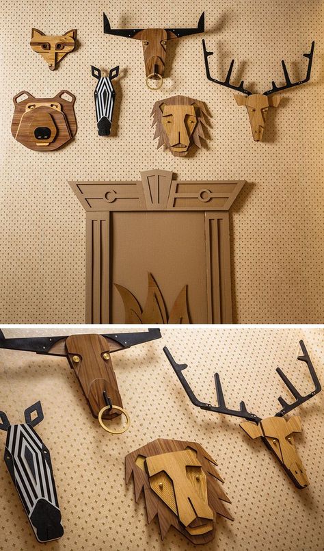 Tzachi Nevo has launched 'Hunter Wall', a collection of wood taxidermy animal heads inspired by African masks that can be hung alone or as a group to create whimsical wall decor. Deer Heads, Router Projects, Carpentry Projects, Woodworking For Kids, Metal Tree Wall Art, Wood Animal, Diy Holz, Metal Tree, Wooden Wall Decor