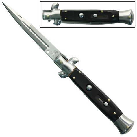 10" Classic Italian Milano Stiletto Switchblade Modified Bayonet Blade Automatic Knife w/ Tactical Black Handles & BK Nylon Belt Sheath - Key West Knife Works Italian Knives, Stiletto Knife, Switchblade Knife, Automatic Knives, Dagger Knife, Classic Italian, Black Handle, Swords, Pocket Knife