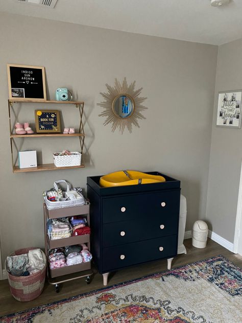 Bohemian eclectic nursery. Diaper station, changing table, storage. Changing Table Storage, Diaper Station, Eclectic Nursery, Bohemian Eclectic, Table Storage, Changing Table, Nursery, Furniture, Home Decor