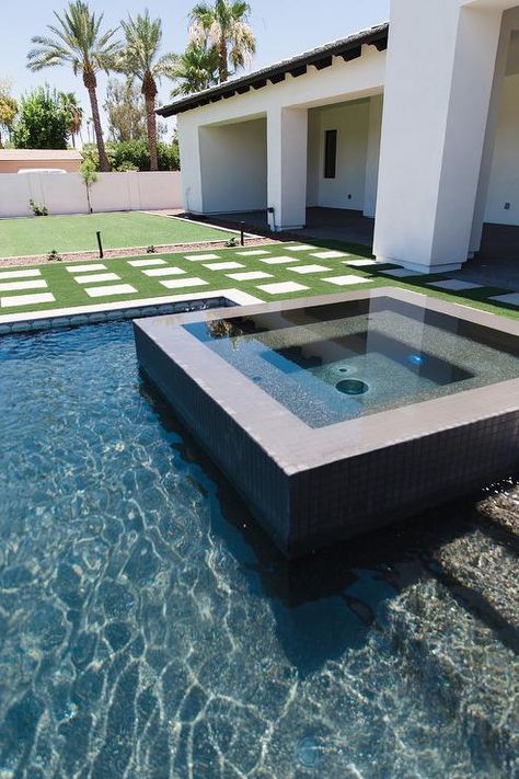 Black Tiled Spa in In Ground Pool - Transitional - Pool Gray Pavers, In Ground Pool, Pool Shade, Black Pool, In Ground Spa, Pool Finishes, Pool Landscape Design, Glass Pool, Black Tile