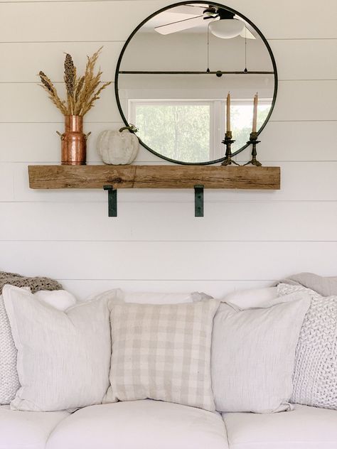 barn beam used as wall shelf Shelf Above Couch, Couch Wall Decor Ideas, Beam Shelf, Shelves Above Couch, Decor Above Couch, Above Couch Decor, Penthouse Ideas, Couch Wall Decor, Above The Couch