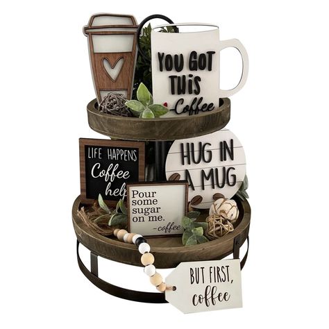 PRICES MAY VARY. 【SET OF TIERED TRAY DECORATIONS】Receive a set of 6 wooden sign decorations that are both adorable and elegant, including coffee cup-shaped signs and beads. Perfect for adding a touch of charm to your daily life by decorating your tiered trays 【RUSTIC FARMHOUSE DESIGN】Our decorative tiered tray decor features warm, rustic colors and elements like coffee cups and "hug in a mug" sayings, adding aesthetic art to your home. They're perfect for themed parties and seasonal decorations, Coffee Themed Party, Ceramic Centerpiece, Mini Coffee Cups, Decoration Logo, Farmhouse Coffee Bar, Tray Decoration, Wood Logo, Coffee Tray, Cotton Stems