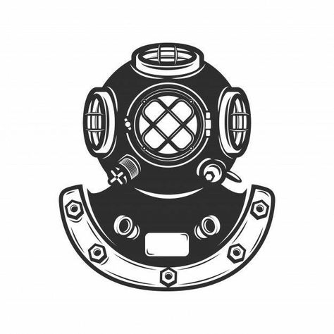 Diving Helmet Illustration, Diving Logo, Diver Helmet, Diver Tattoo, White Background Design, Helmet Tattoo, Diving Helmet, Sea Diving, Helmet Logo