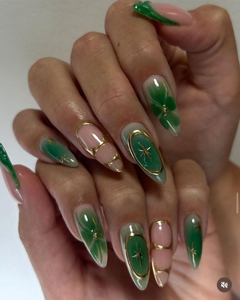 Green Almond Shaped Nails Designs, Dark Green Biab Nails, Aladdin Inspired Nails, Green Orchid Nails, Sage Green And Gold Nails Acrylic, Multi Color Aura Nails, Almond Nail Green, Witchy Green Nails, Tiana Themed Nails