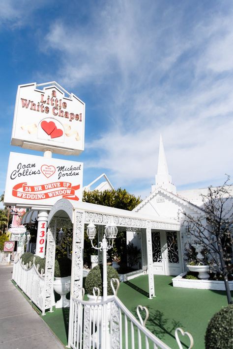 A Little White Chapel Elopement | Bespoke-Bride: Wedding Blog Little White Chapel Vegas, Convertible Mustang, Chapel Elopement, White Wedding Chapel, Wedding Window, In N Out Burger, Little White Chapel, White Chapel, Garland Backdrops