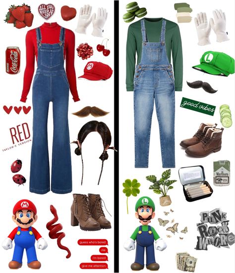 Cute Mario Costume, Dungarees Halloween Costume, Super Mario Bros Costumes Women, Mario Toad Costume Women, Video Game Halloween Costume, Diy Mario Costume For Women, Diy Luigi Costume For Women, Duo Cosplay Ideas Female, Couple Halloween Costumes Mario