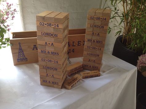 Oak Jenga set, screen printed with personalised details for the wedding and used as a guest book! Mr Mrs, Guest Book, Screen Printing, Gift Ideas, Screen, Gifts