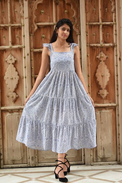 Cotton Block Printed Dress| Block print dress| Summer Dress| White dress| Gifts for her| Cotton dress| Handmade| Made in India Summer Dress White, Summer Dresses Online, Block Print Dress, Stylish Kurtis Design, Designer Kurti Patterns, Printed Summer Dresses, Dress Handmade, Block Dress, White Dress Summer