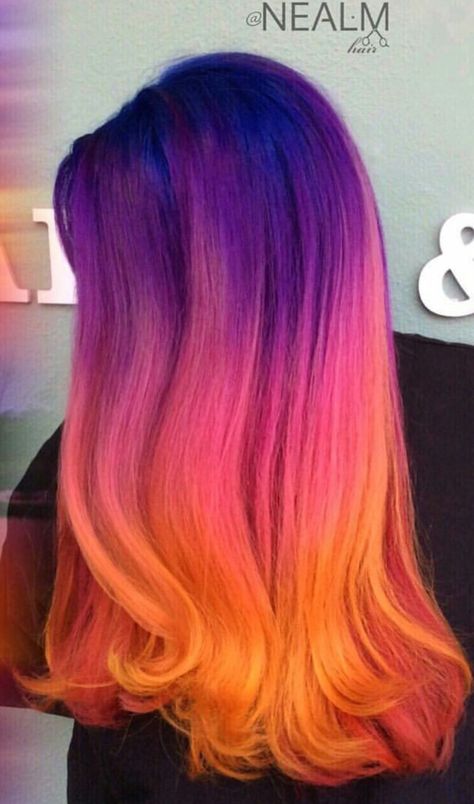 Purple Pink Orange Yellow Hair, Purple And Coral Hair, Neon Ombre Hair, Pink Orange And Purple Hair, Purple Vivid Hair, Ombre Hair Color Colorful, Purple To Orange Hair, Purple And Orange Hair Short, Purple To Orange Ombre Hair