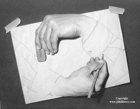 J.D. Hillberry's "Escher’s Nightmare"  One hand is drawing the other - that hand is erasing its creator. Escher Hands, Hyperrealistic Drawing, Hands Drawing, M C Escher, Drawing Hands, Realistic Pencil Drawings, Mc Escher, Canvas Drawing, Lips Drawing