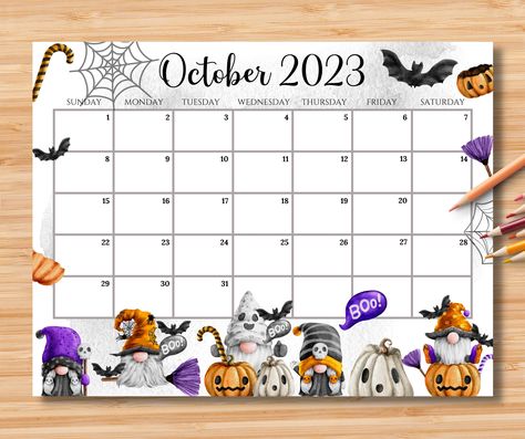 October Printable Calendar 2024, Halloween Planner Printable, October 2024 Calendar Spooky, Halloween Planner Layout, Filofax Inspiration, October 2022 Calendar Printable, Cute Gnomes, December Calendar, Pumpkin Printable