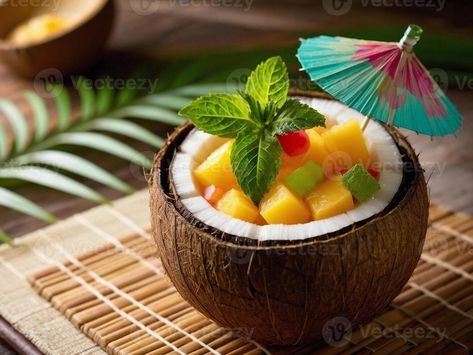 Refreshing cocktail in half coconut shell decorated with tropical fruits and umbrella Cocktail In Coconut Shell, Refreshing Cocktail, Tropical Fruits, Refreshing Cocktails, Cityscape Photos, Bar Ideas, Coconut Shell, Tiki Bar, Nature Backgrounds