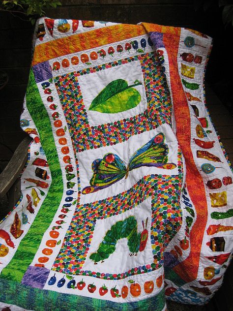 Very Hungry Caterpillar Quilt by felicity.quilts Very Hungry Caterpillar Quilt, Caterpillar Nursery, Hungry Caterpillar Nursery, Panel Quilt Patterns, Cake Quilt, Fun Quilt, Cot Quilt, Childrens Quilts, The Very Hungry Caterpillar