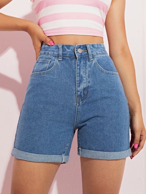 High Waist Roll Up Hem Denim Shorts | SHEIN USA Bum Shorts, Long Jean Shorts, High Wasted Shorts, Summer Wishlist, Women Denim Shorts, Denim Shorts Outfit, Shopping Carts, Casual Nails, Shorts Outfits