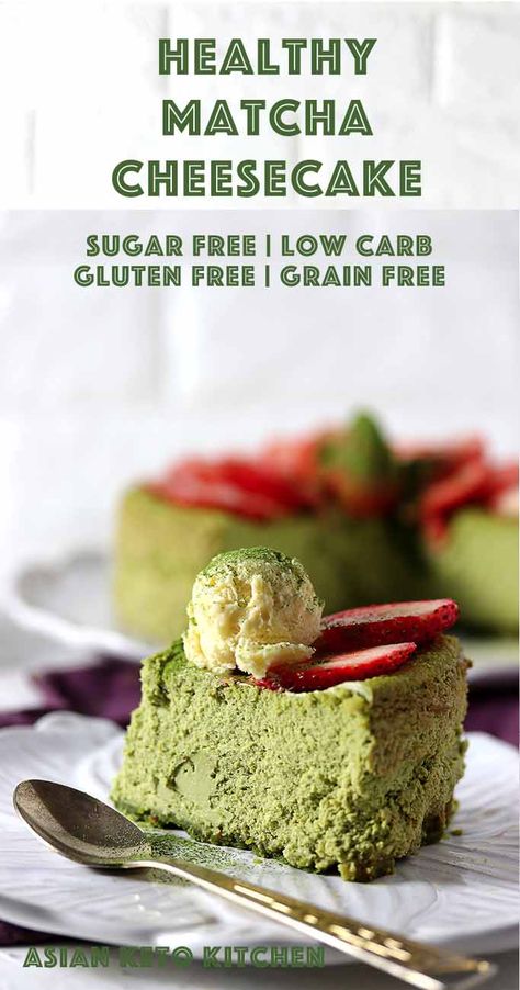 Low Carb Matcha Cheesecake - Asian Keto Kitchen - The creamiest and densest Japanese Matcha Cheesecake recipe. This green tea cheesecake is entirely sugar free and gluten free! #matchacheesecake #greenteacheesecake #japanesecheesecake #matcha #matchagreentea #lowcarbcheesecake #ketocheesecake #keto #lowcarb #sugarfreecheesecake Keto Matcha Recipes, Keto Japanese Food, Japanese Keto, Matcha Cheesecake Recipe, Asian Keto, Tea Cheesecake, Green Tea Cheesecake, Low Sugar Dinners, Postres Keto