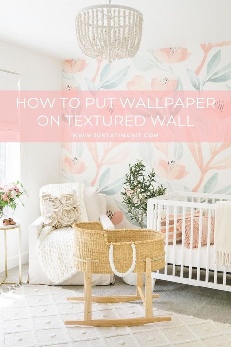 Nursery wallpaper, nursery decor, baby girl nursery room, peach palette, natural bassinet, Seattle home decor blogger, how to put wallpaper on textured wall