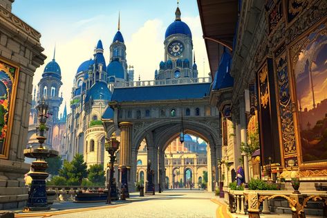 The image is a fantasy city street with a clock tower. The street is lined with tall buildings, many of which have blue roofs. There are a few people walking around, and there are some trees and plants growing in pots. The clock tower is in the background, and it has a large blue clock face. The sky is blue, and there are some clouds in the distance. Fantasy Clock Tower, Fantasy City Street, Growing In Pots, Volumetric Lighting, Blue Roof, Blue Clocks, Hand Painted Textures, Plants Growing, Tall Buildings