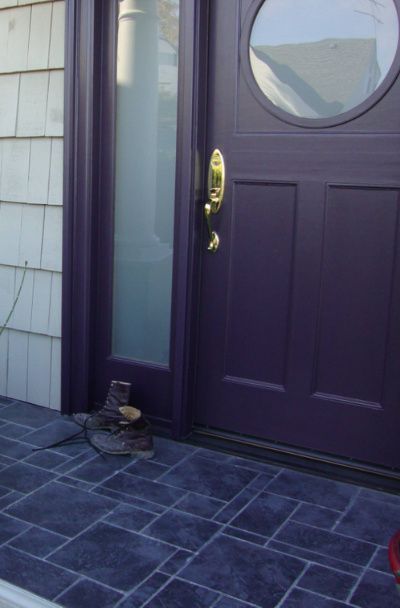 31 Houses With Purple Front Entry Door Ideas | Sebring Design Build Front Door Purple Paint Colors, Purple Door Gray House, Black House With Purple Door, Deep Purple Front Door, Purple Exterior Door, Dark Grey House Exterior, Dark Grey Siding, Dark Grey Houses, Vinyl Siding Colors