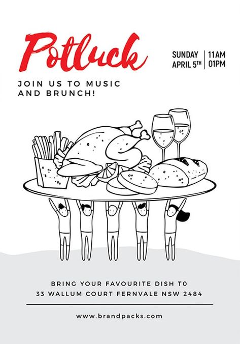 Potluck Free Restaurant Flyer and Poster Template - https://freepsdflyer.com/potluck-free-restaurant-flyer-and-poster-template/ Enjoy downloading the Potluck Free Restaurant Flyer and Poster Template created by Brandpacks!   #Bar, #Brand, #Brunch, #Dinner, #Drinks, #Food, #Meal, #Minimal, #Pub, #Restaurant Potluck Flyer Ideas, Poster Restaurant Design, Food Event Poster Design, Potluck Poster, Potluck Flyer, Lunch Poster, Brunch Poster, Bbq Potluck, Contest Poster