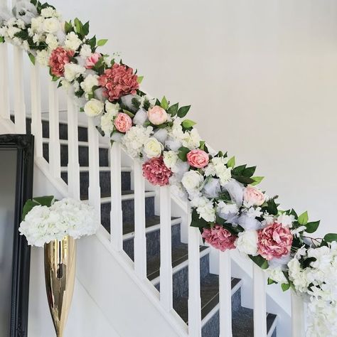 Blush Vintage Pink Staircase Garland, Wedding Garland , Floral garland Blush Vintage Pink Staircase Garland, Wedding Garland , Floral garland WOW !!!... This has to be the Wedding Entrance of your Dreams ... Because it is ours 6 Foot fully dressed Garland Adorned with Hydrangea and roses ... Weddings are our thing 🤣 ..WE Love it.. Please let us know your Colours ,, all Garlands are made to order Blush Flower Garland | Staircase Garland | garland on staircase Flowers For Arch, Pink Staircase, Staircase Garland, Pink Garland, Farmhouse Wedding Decor, Door Garland, Arch Door, Door Bow, Flower Garland Wedding