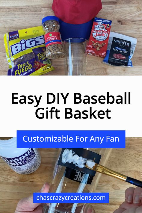 easy diy baseball gift basket customizable for any fan Baseball Themed Gifts, Baseball Game Snacks, Baseball Theme Gifts, Sports Gift Basket, Baseball Gift Basket, Raffle Basket, Baseball Crafts, Raffle Baskets, Game Snacks