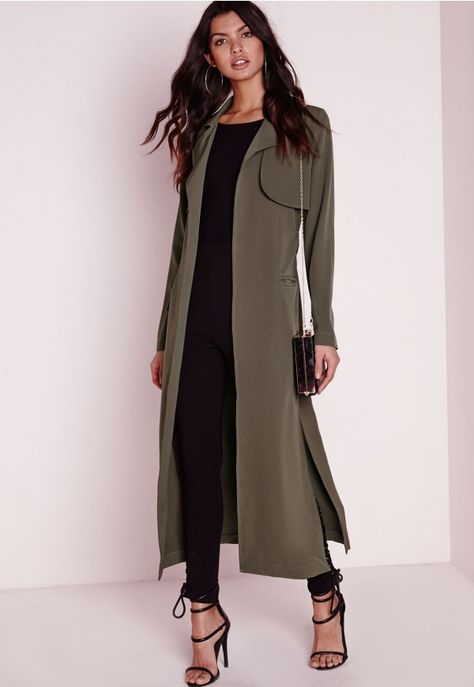 Maxi Belted Utility Duster Coat Khaki                                                                                                                                                     More Duster Coat Outfit, Duster Outfit, Adidas Hose, Style Coat, Green Coat, Coat Outfits, Looks Chic, Waist Belt, Look Fashion