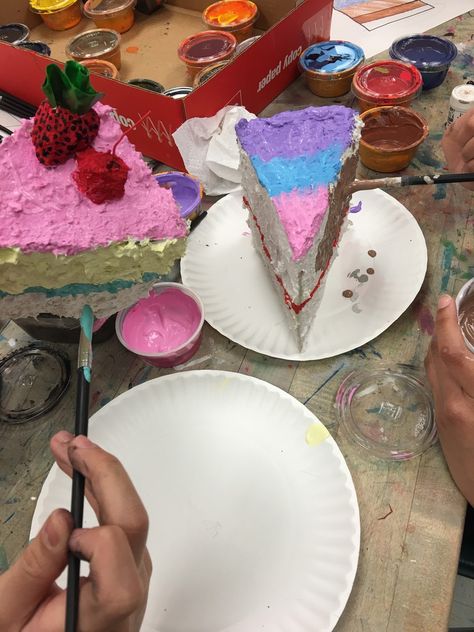 Paper Mache Cake          Students were asked to bring in a cereal box         Mixing up the Claycrete                                 Pa... Paper Mache Cake, Elementary Art Lessons, Wayne Thiebaud, Fake Cake, Recycled Projects, Art Lessons Elementary, Art Programs, Camping Art, Paper Clay