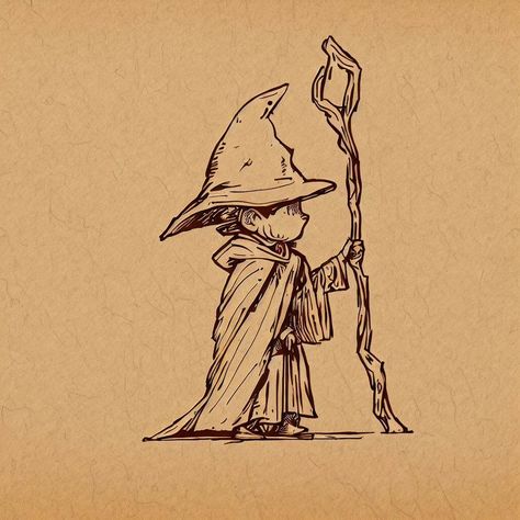 A cute little wizard child in a sketchy hand-drawn style Cute Wizard Tattoo, Cute Wizard Art, Small Wizard Tattoo, Wizard Staff Tattoo, How To Draw A Wizard, Fantasy Ink Drawing, Wizard Illustration Character Design, Wizard Cloak Drawing, Fantasy Drawing Ideas Inspiration