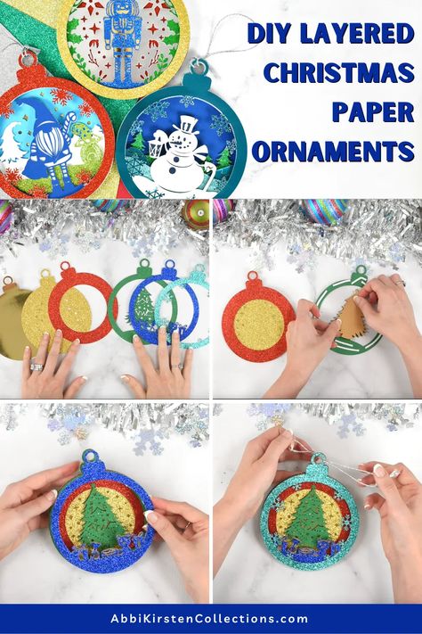 Create beautiful layered 3D paper ornaments with your Cricut. Follow this tutorial to create handmade ornaments from cardstock paper this holiday season. 3d Cardstock Ornaments, Layered Ornament Svg Free, 3d Layered Christmas Ornament Svg, 3d Cricut Projects Free Christmas, Layered Paper Ornaments, Cricut Paper Christmas Ornaments, Layered Paper Ornaments Cricut, Layered Paper Christmas Ornaments, Free Layered Christmas Svg