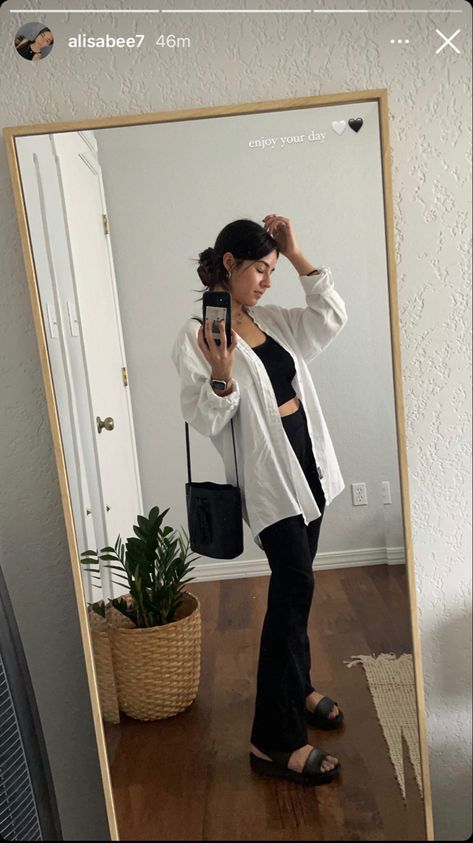 White Pants Black Sandals Outfit, White Button Down Shirt And Leggings Outfit, Black Flared Pants Outfit Summer, Black Bottoms White Top Outfits, Black Pants And Crop Top Outfit, Black And White Sandals Outfit, Black Crinkle Pants Outfit, Yoga Pants Summer Outfit, Black Jeans White Button Up