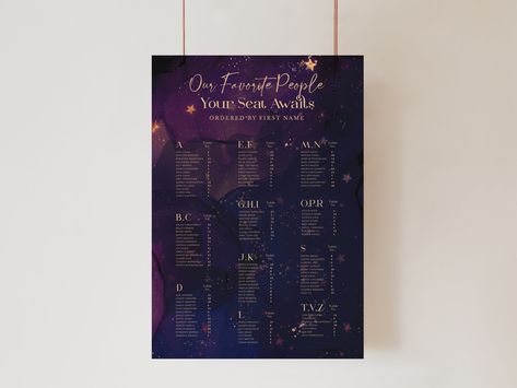 Purple Starry Night Seating, Alphabetical Order Seating Chart, Purple Watercolor and Gold, Celestial Wedding, Purple Wedding Signs, Fairy Gold Celestial Wedding, Purple Starry Night, Wedding Purple, Celestial Wedding, Check Email, Alphabetical Order, Purple Watercolor, Seating Plan, Seating Chart Wedding