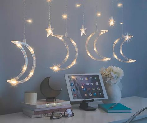 Warm White Moon & Star 56-Light Curtain Lights | Big Lots Celestial Room, Themed Kids Room, Led Curtain Lights, Moons And Stars, Led Curtain, White Moon, Small Bedroom Decor, Novelty Lighting, Cute Bedroom Decor